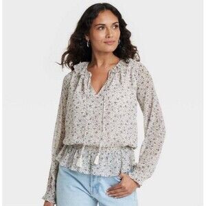 Universal Thread Floral Ruffled Peter Pan Collar Blouse White/Black- Size Small